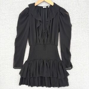 Wilfred Mini Dress Ruffle Trim Long Sleeve Smocked Waist Black Sz 2XS Whimsigoth